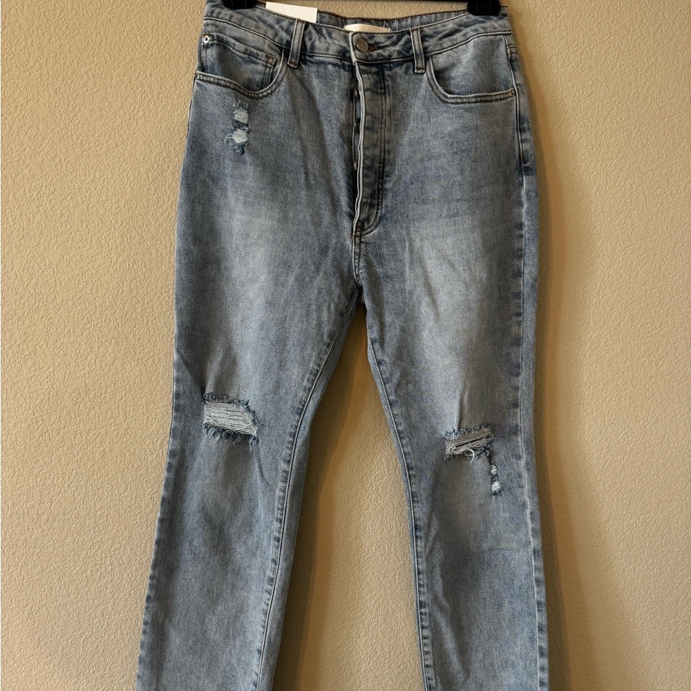 Distressed straight high rise jeans